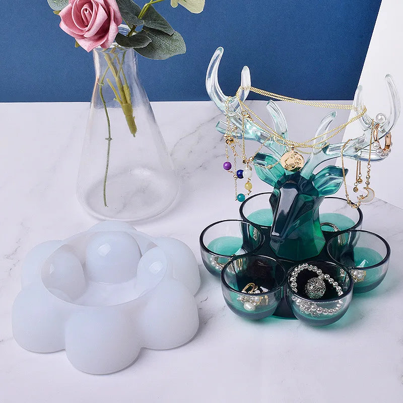 Deer Handicraft Resin Mold Kit with 6 Bowl-Shaped Boxes for Candlestick Candy Makeup Jewelry Containers DIY Resin Casting