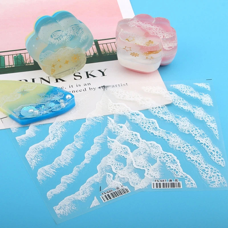 5 Sheets Simulation Wave Stickers Resin Wave Painting Stickers Decorative Decal DIY ABS Mold Film Filling Material