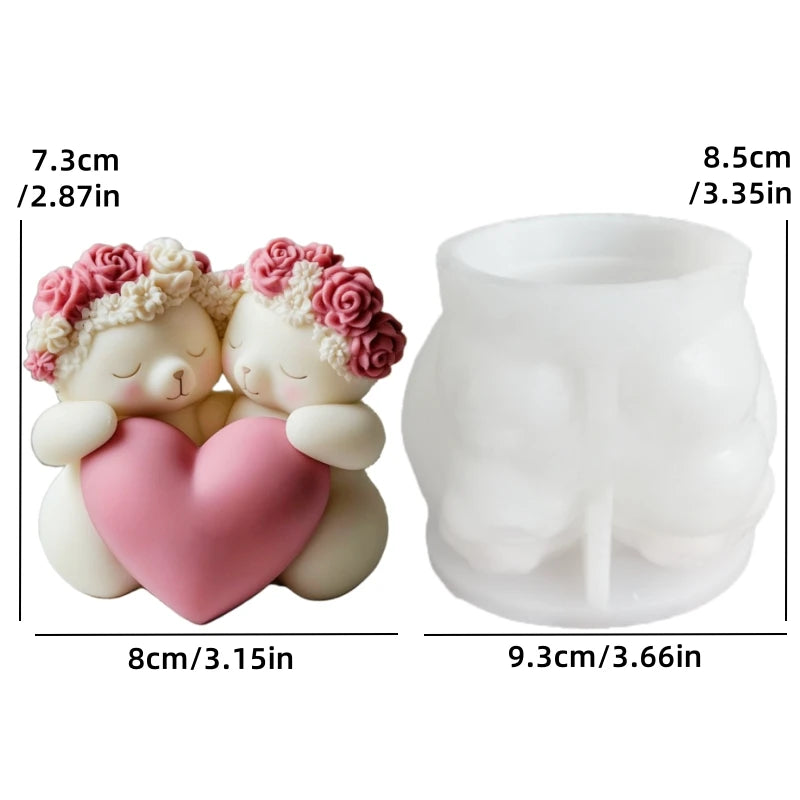 Cute Love Bear Candle Silicone Mold Rose Flower Animal Bear Epoxy Resin Mould Love Flower Bear Gypsum Molds Valentine's Day Gift