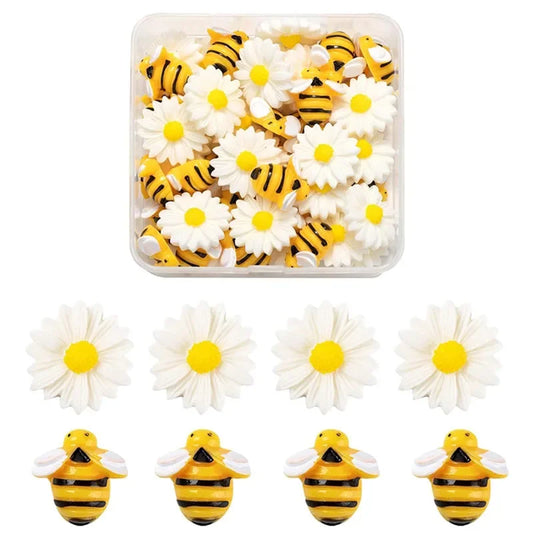 24Pcs Daisy Flower Bee Resin Charms Plastic Flatback Bee Charm Epoxy Charms for Jewelry Making Crafts Decor Supplies Mixed Color