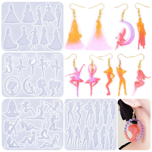 DIY Beautiful Girl Model Earring Crystal Mirror Epoxy Resin Silicone Mold Ballet Girl Shape Mold Necklace Keychain Pendant Craft