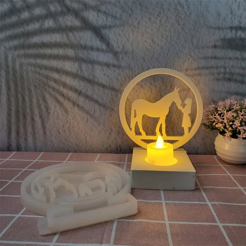 DIY Girl in the Circle Feeding Horse Insert Candle Base Silicone Mold Decoration Gypsum Resin Epoxy Mold Home Decoration Storage