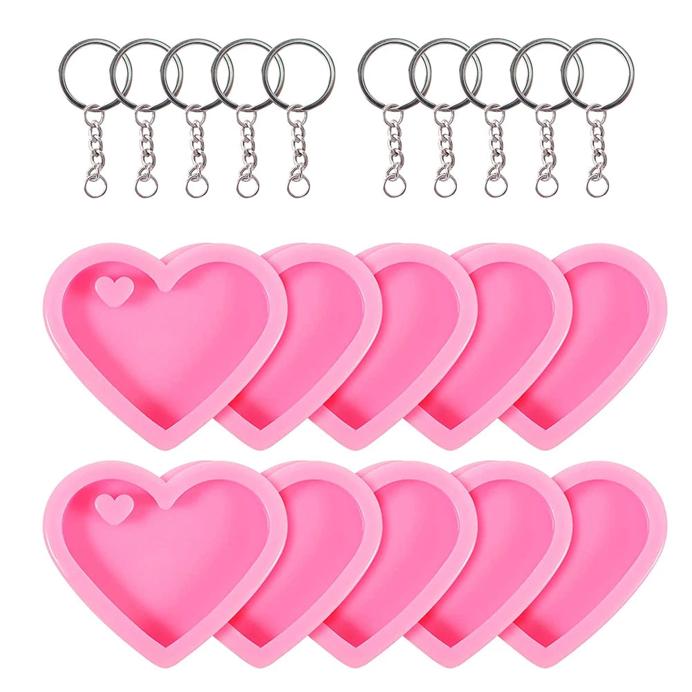 20Pcs Heart Keychain Molds Set 10 Heart Silicone Mold with Hole 10 Key Rings Pendant Jewelry Making for Valentine's Day Wedding