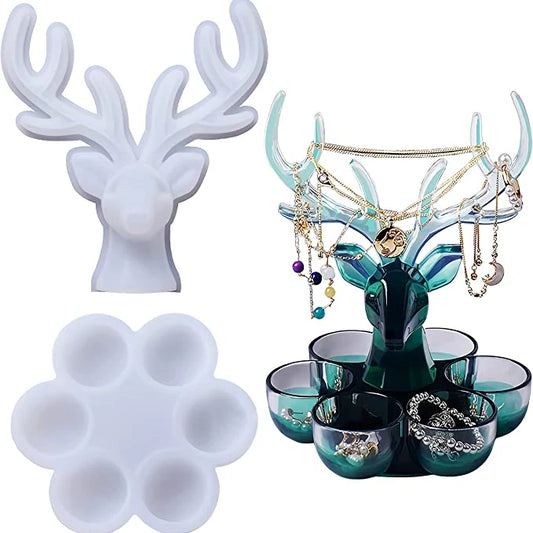 Deer Handicraft Resin Mold Kit with 6 Bowl-Shaped Boxes for Candlestick Candy Makeup Jewelry Containers DIY Resin Casting