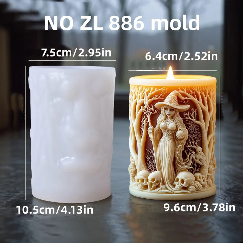 DIY Witch Cylinder Candle Silicone Mold Skull Relief Cylinder Resin Silicone Mould Halloween Gift Witch Cylinder Gypsum Molds