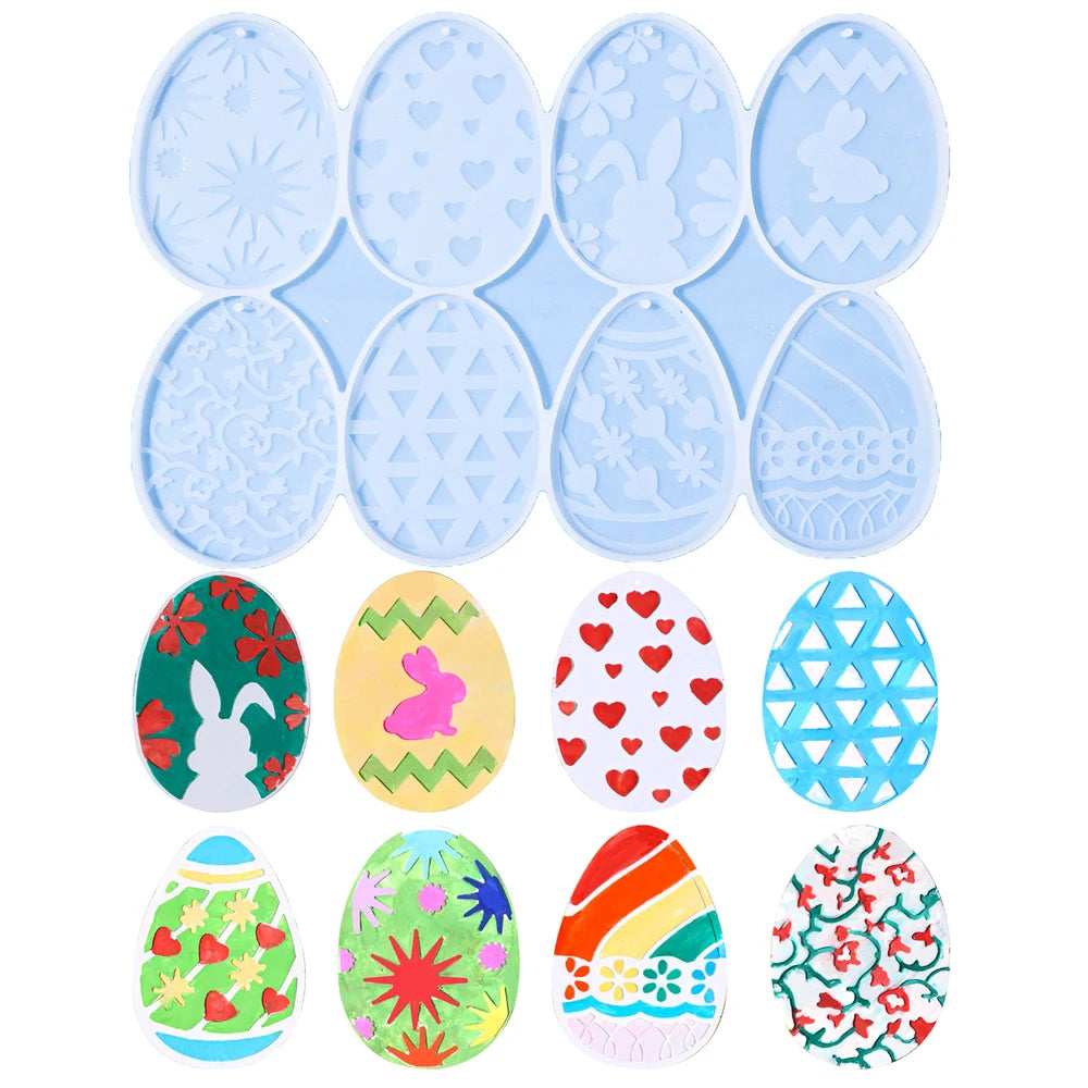 8PCS/Set Easter Eggs Silicone Resin Mold Easter Rabbit Egg Pendant Keychain Casting Silicone Mold Jewelry Art Crafts Making Tool