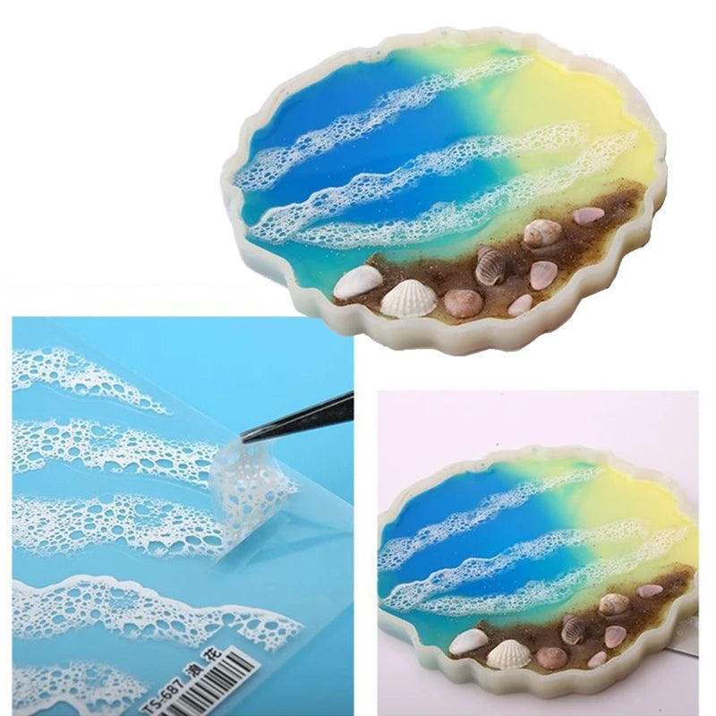 5 Sheets Simulation Wave Stickers Resin Wave Painting Stickers Decorative Decal DIY ABS Mold Film Filling Material