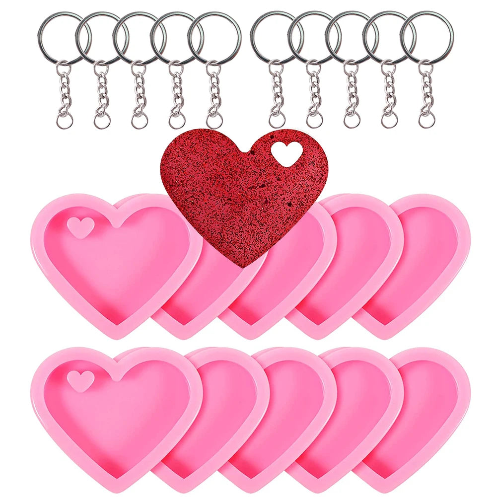 20Pcs Heart Keychain Molds Set 10 Heart Silicone Mold with Hole 10 Key Rings Pendant Jewelry Making for Valentine's Day Wedding