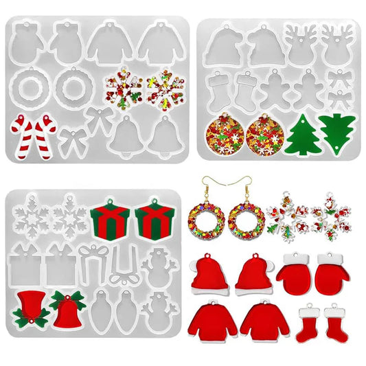 Christmas Earring Mold Resin Silicone Christmas Tree Elk Snowflake Keychain Epoxy Casting Mold for DIY Craft Jewelry Making