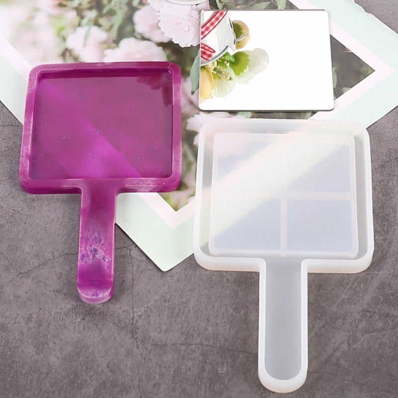 DIY Geometric Cosmetic Mirror Silicone Mold Heart/Square/Round Shape Handle Mirror Epoxy Resin Casting Mould Desktop Ornament