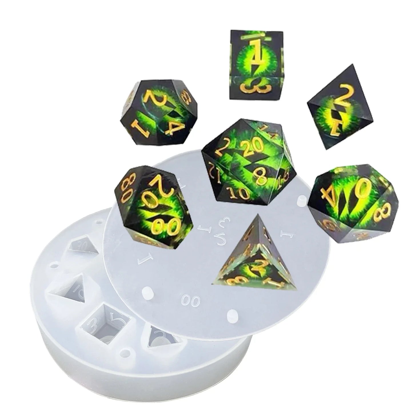 DIY Polyhedron Dice 7 Piece Board Game Crystal Epoxy Hexagonal Dice Jewelry Storage Box Silicone Mold