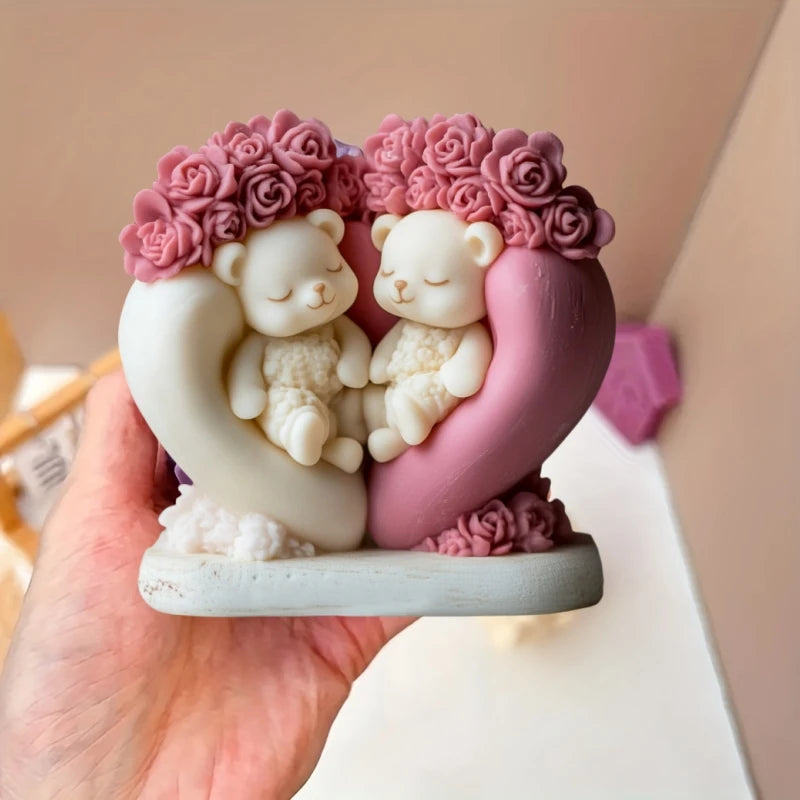 Cute Love Bear Candle Silicone Mold Rose Flower Animal Bear Epoxy Resin Mould Love Flower Bear Gypsum Molds Valentine's Day Gift