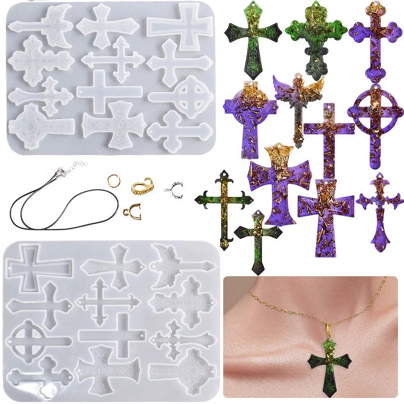 12pcs/set Halloween Cross Pendants Epoxy Resin Mold Silicone Mould for Jewelry Making DIY Crystal Keychain Crafts Casting Tools