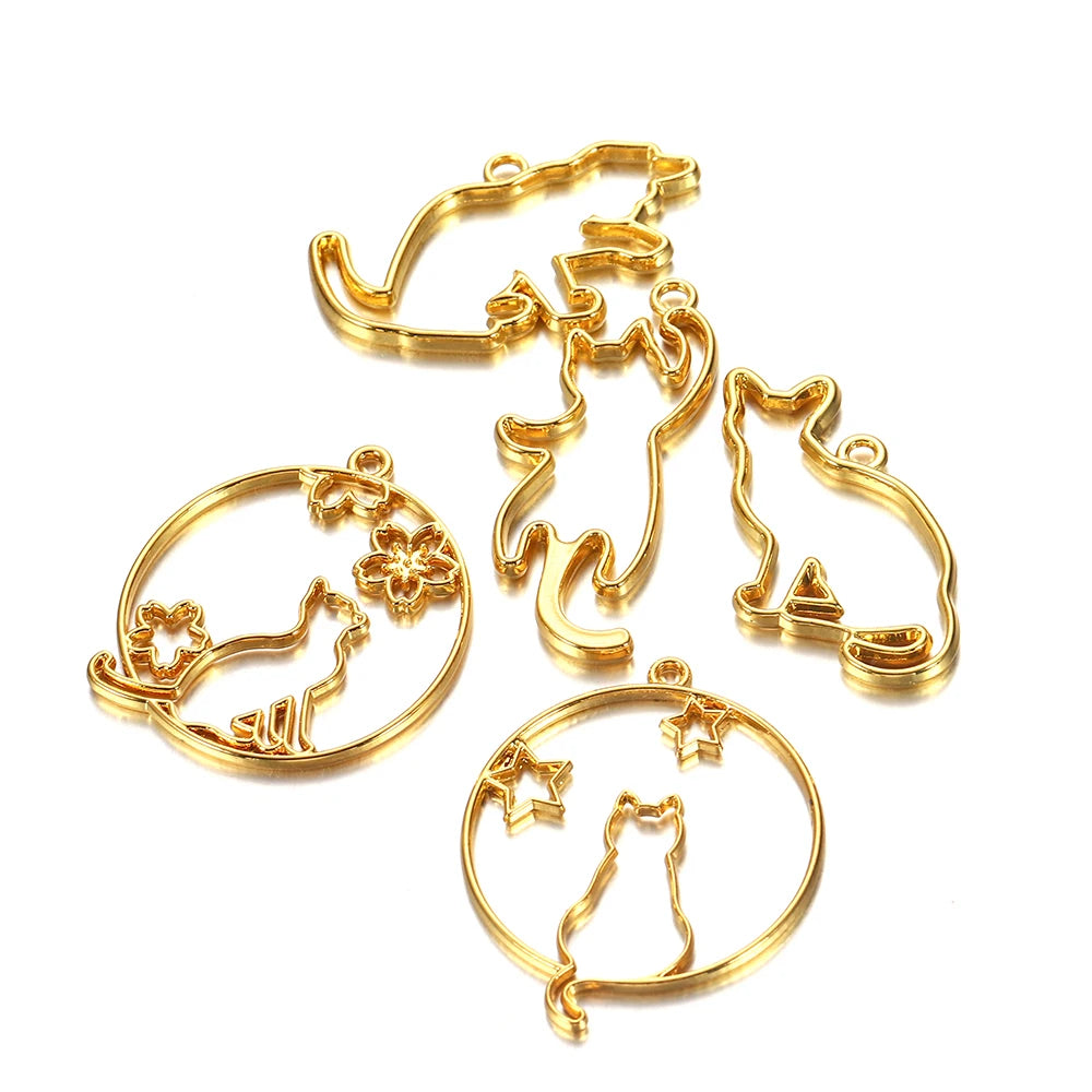 5Pcs/Set Metal Frame DIY Jewelry Necklace Pendant Gold Kitten Cat Cute Hollow Frames UV Epoxy Resin Tools Accessories Handmade