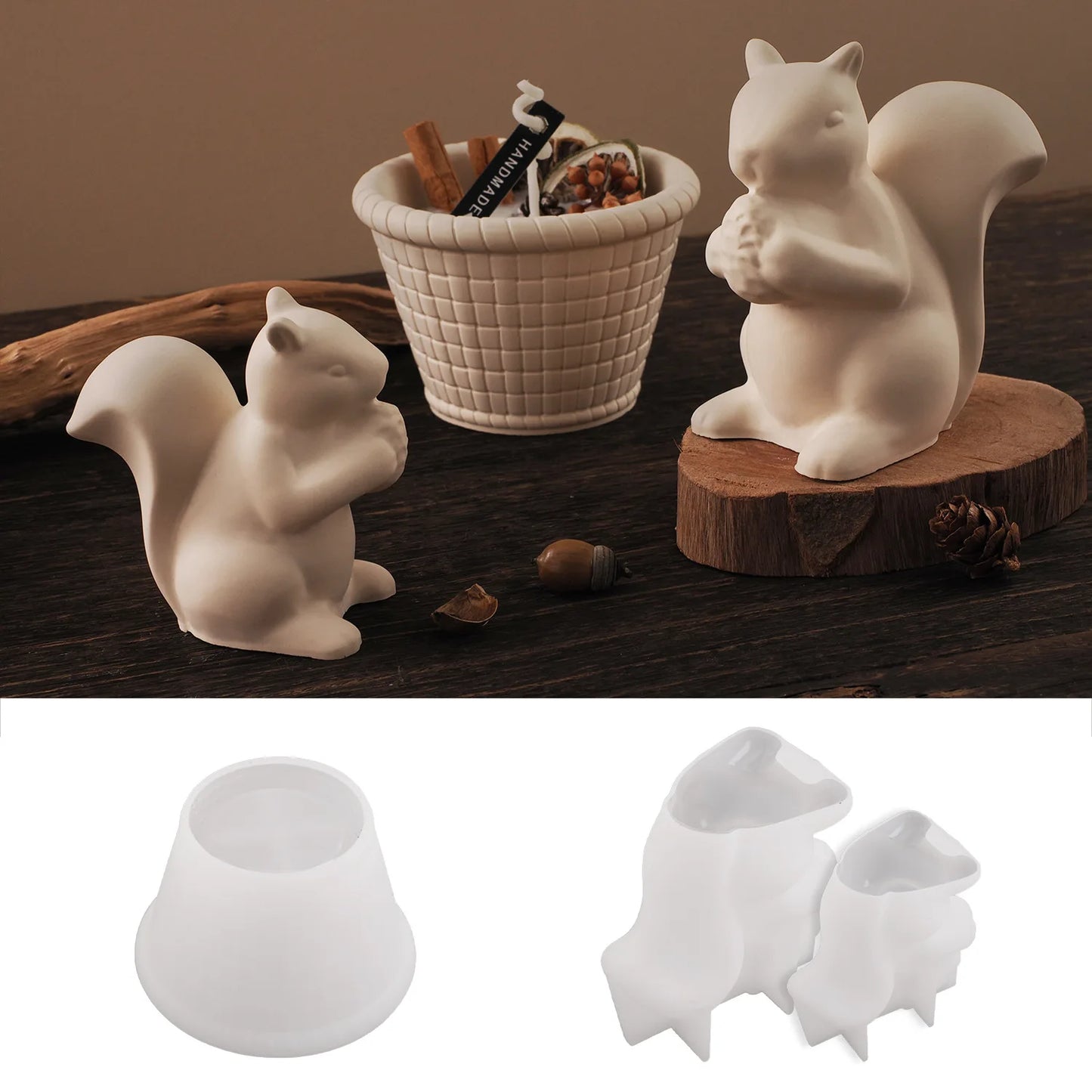 DIY Concrete Bamboo Basket Candle Jar 3D Cute Squirrel Silicone Mold Creative Round Woven Basket Storage Cup Resin Mold Home Dec