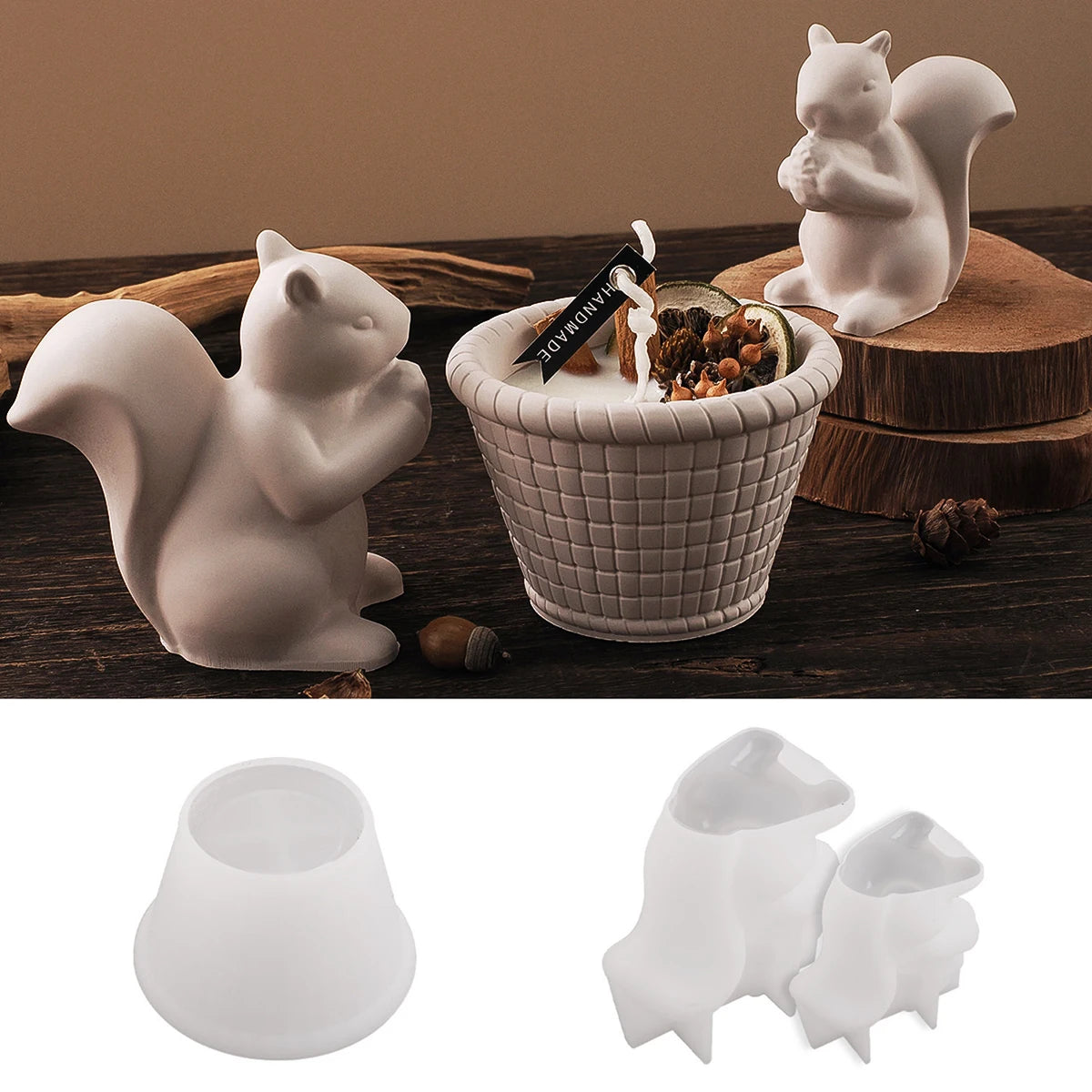 DIY Concrete Bamboo Basket Candle Jar 3D Cute Squirrel Silicone Mold Creative Round Woven Basket Storage Cup Resin Mold Home Dec