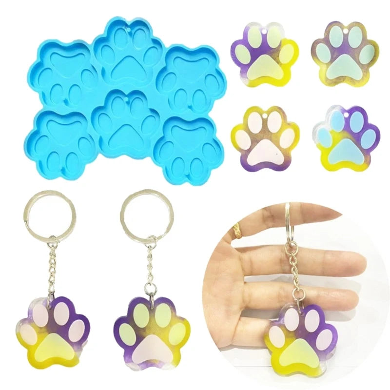 DIY 6 Cavity Cat Paw Shape Earrings Silicone Mold with Hole Necklace Keychain Pendant Charms Hanging Ornament Epoxy Resin Mould