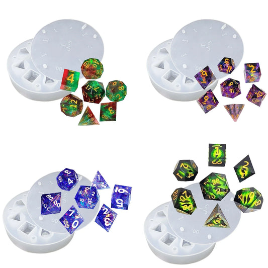 DIY Polyhedron Dice 7 Piece Board Game Crystal Epoxy Hexagonal Dice Jewelry Storage Box Silicone Mold