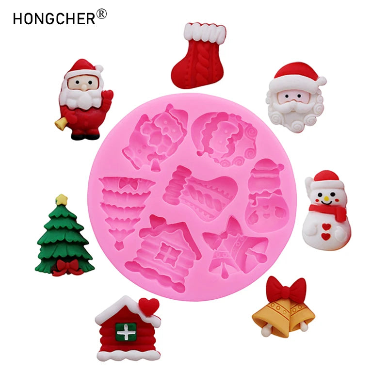 Christmas Series Bells Christmas Tree Snowman Snow House Fondant Cake Silicone Mold DIY Resin Jewelry Accessories Drip Mould