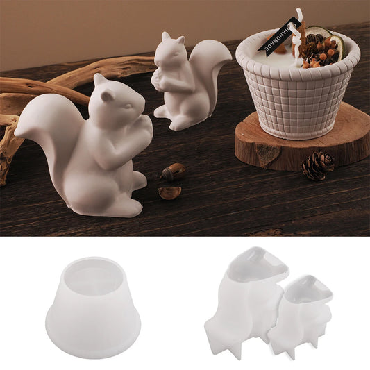 DIY Concrete Bamboo Basket Candle Jar 3D Cute Squirrel Silicone Mold Creative Round Woven Basket Storage Cup Resin Mold Home Dec