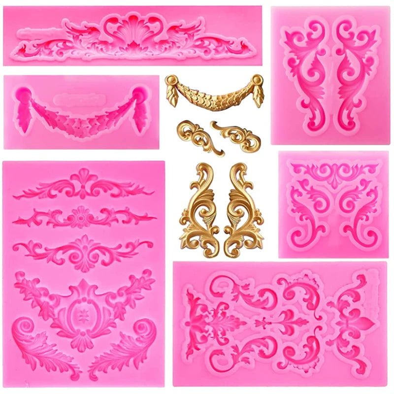 Baroque Fondant Mold Lace Scroll Embossed key Silicone Mold for Cake Border Decoration Jewelry Polymer Clay Candy Chocolate