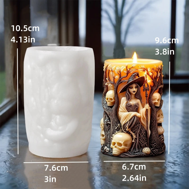 DIY Witch Cylinder Candle Silicone Mold Skull Relief Cylinder Resin Silicone Mould Halloween Gift Witch Cylinder Gypsum Molds