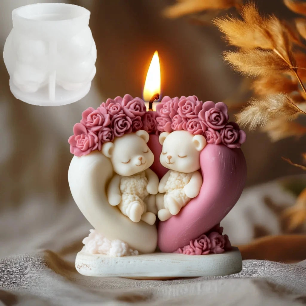 Cute Love Bear Candle Silicone Mold Rose Flower Animal Bear Epoxy Resin Mould Love Flower Bear Gypsum Molds Valentine's Day Gift