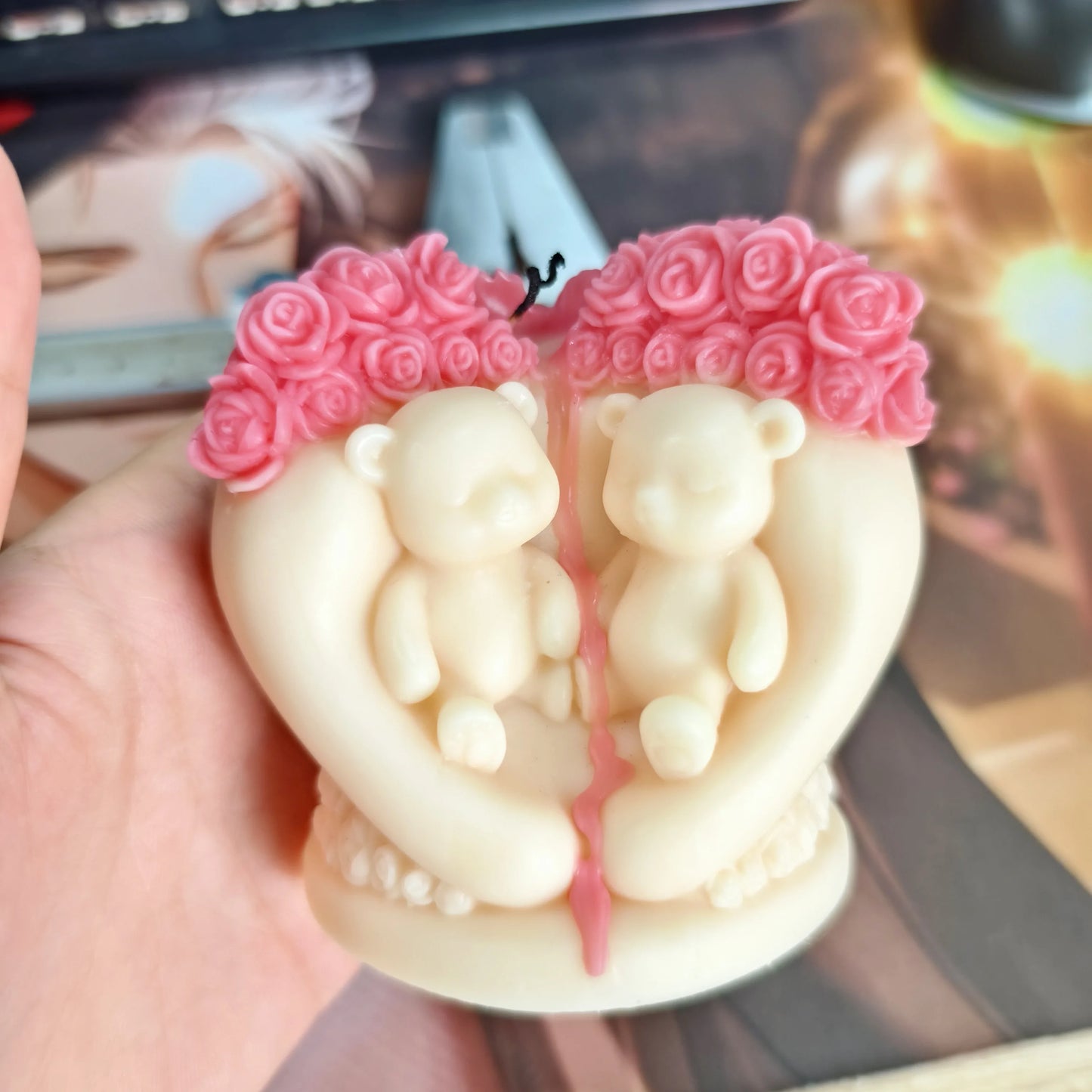 Cute Love Bear Candle Silicone Mold Rose Flower Animal Bear Epoxy Resin Mould Love Flower Bear Gypsum Molds Valentine's Day Gift