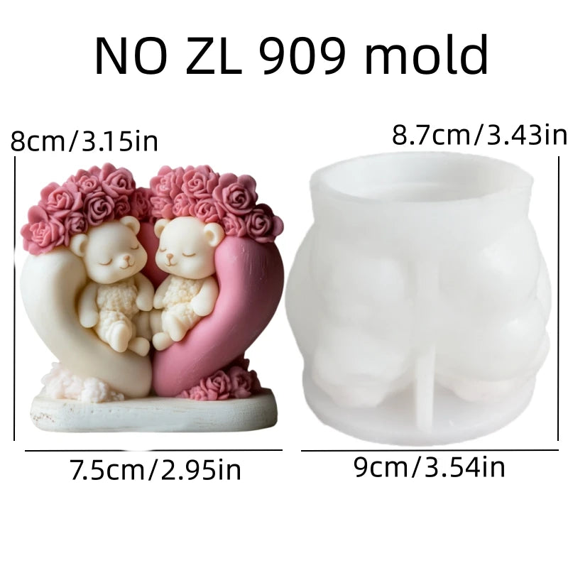 Cute Love Bear Candle Silicone Mold Rose Flower Animal Bear Epoxy Resin Mould Love Flower Bear Gypsum Molds Valentine's Day Gift