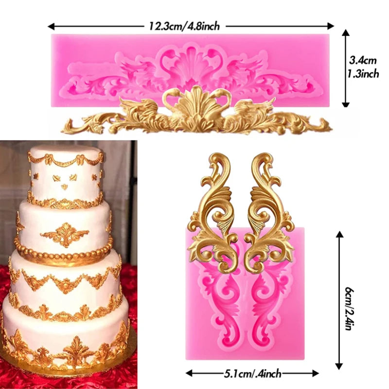 Baroque Fondant Mold Lace Scroll Embossed key Silicone Mold for Cake Border Decoration Jewelry Polymer Clay Candy Chocolate