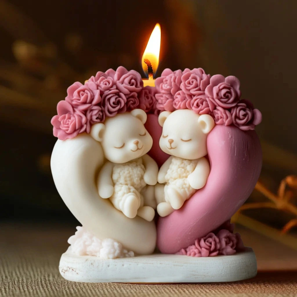 Cute Love Bear Candle Silicone Mold Rose Flower Animal Bear Epoxy Resin Mould Love Flower Bear Gypsum Molds Valentine's Day Gift