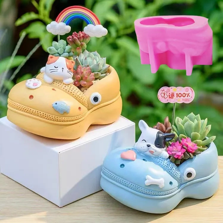 3D Animal Slippers Succulent Plant Flower Pot Resin Silicone Mold Hole Shoes Sandals Storage Box Pen Holder Concrete Gypsum Mold