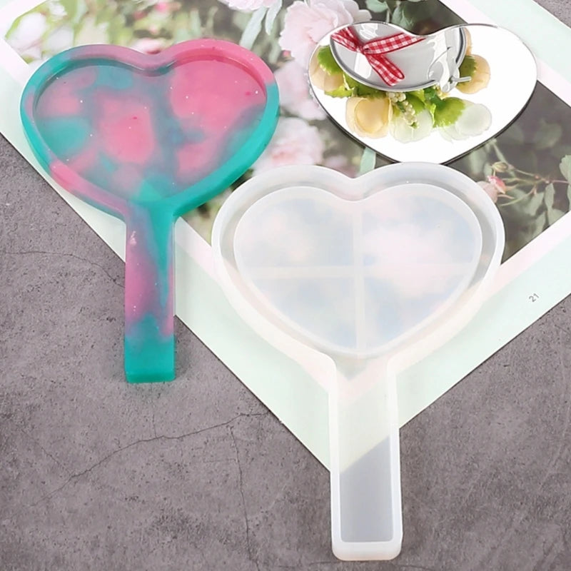 DIY Geometric Cosmetic Mirror Silicone Mold Heart/Square/Round Shape Handle Mirror Epoxy Resin Casting Mould Desktop Ornament