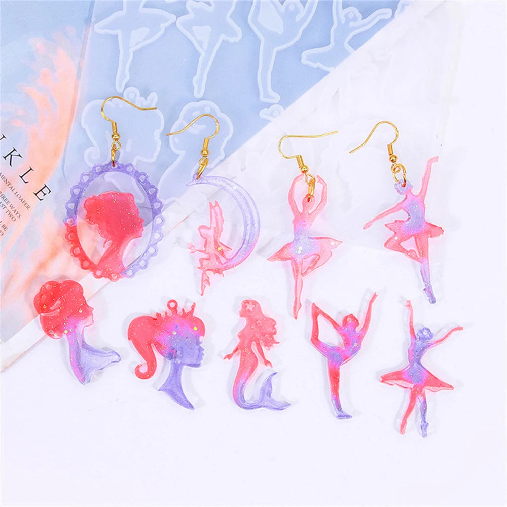 DIY Beautiful Girl Model Earring Crystal Mirror Epoxy Resin Silicone Mold Ballet Girl Shape Mold Necklace Keychain Pendant Craft