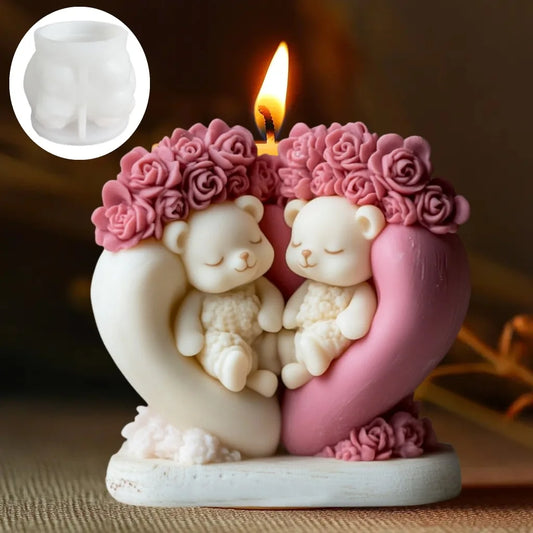 Cute Love Bear Candle Silicone Mold Rose Flower Animal Bear Epoxy Resin Mould Love Flower Bear Gypsum Molds Valentine's Day Gift